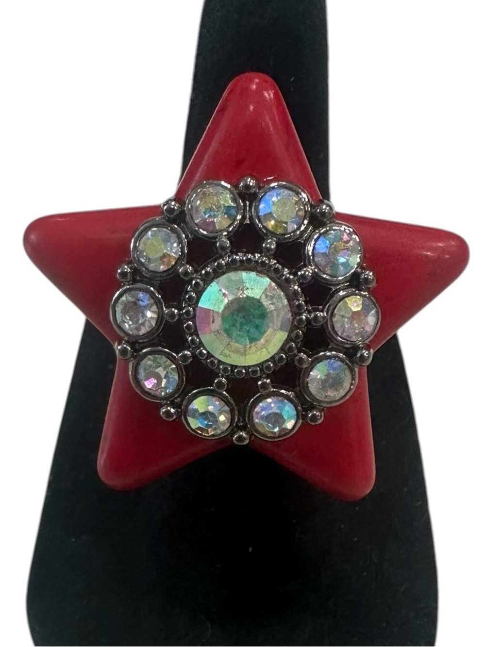 Haus of Lenora: Boutique Red Star Statement Ring with AB Crystal Cluster